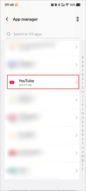 The App manager interface that shows how to access the App info page of YouTube.