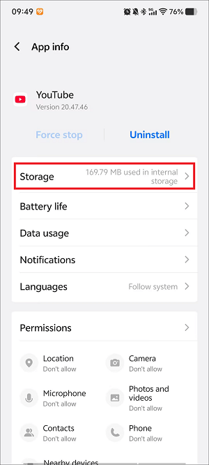 The App info interface with the Storage option selected.