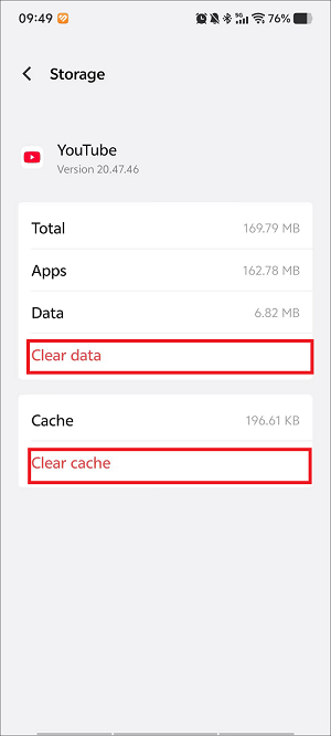 The App Info interface that shows how to clear YouTube cache and data.