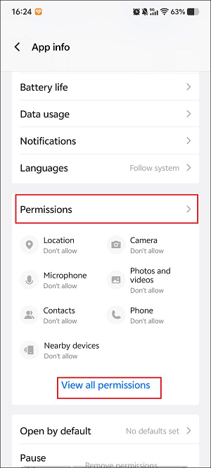 The Settings app interface with the View all permissions selected.