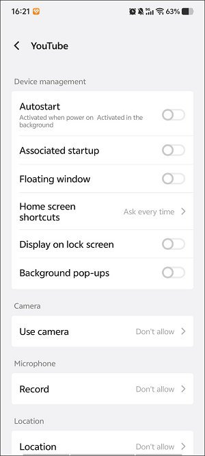 The YouTube permission management interface of the Settings app.