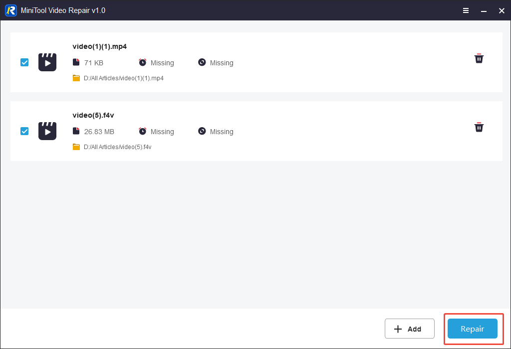 MiniTool Video Repair interface with the bottom-right Repair button selected to start the video repair process.