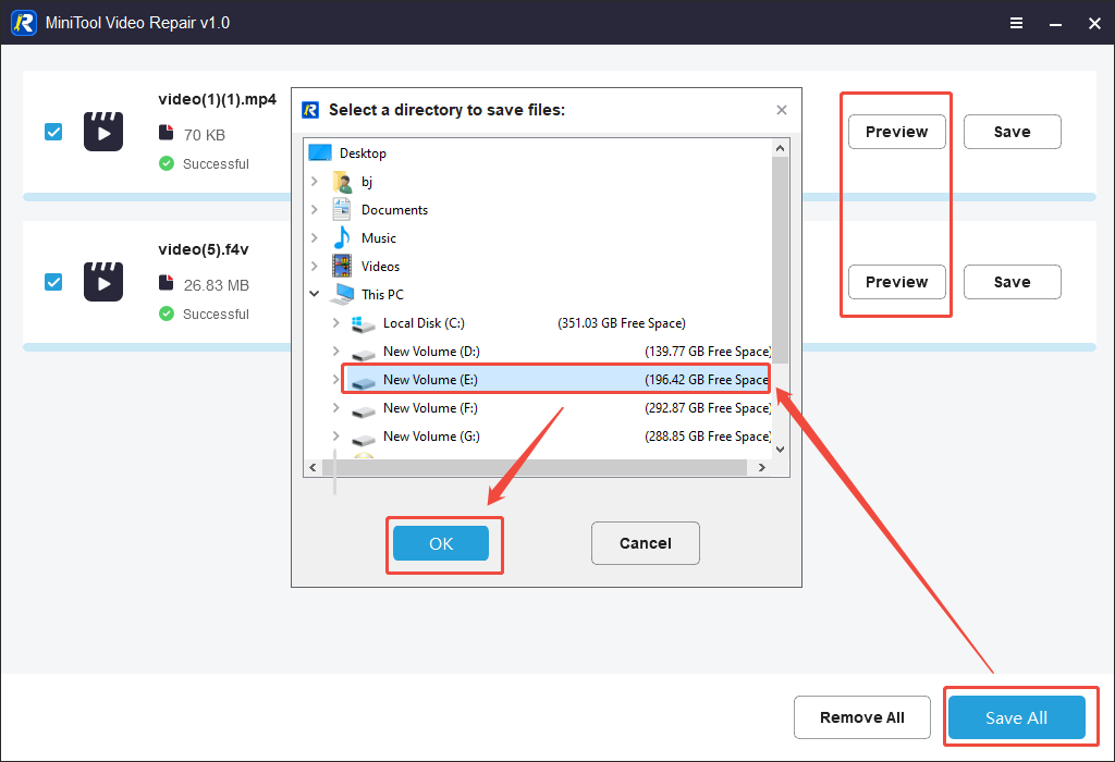 MiniTool Video Repair interface that shows how to preview the files and set an output folder for them.