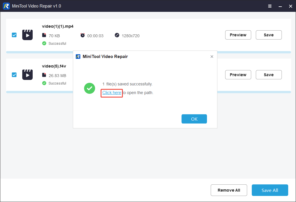 MiniTool Video Repair interface with the Click here option selected to locate the output videos.