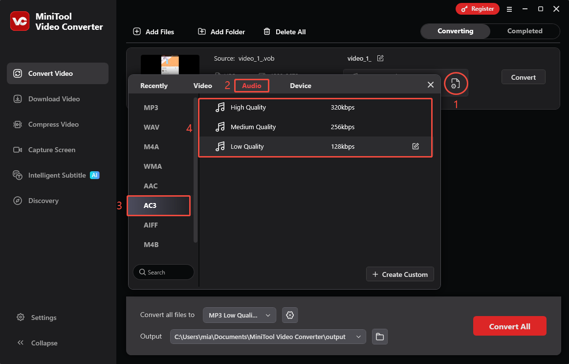 MiniTool Video Converter interface showing how to choose the output format.
