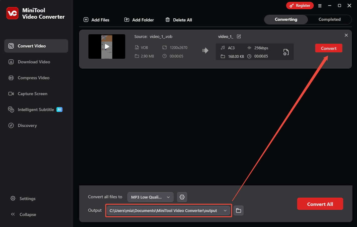 MiniTool Video Converter interface with the Output option and Convert option highlighted.