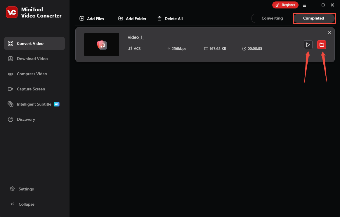 MiniTool Video Converter’s Convert Video interface with the play icon and folder icon highlighted under the Completed tab.
