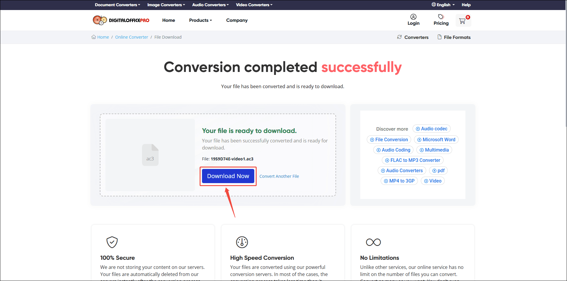 DigitalOfficePro interface with the Download Now button selected.