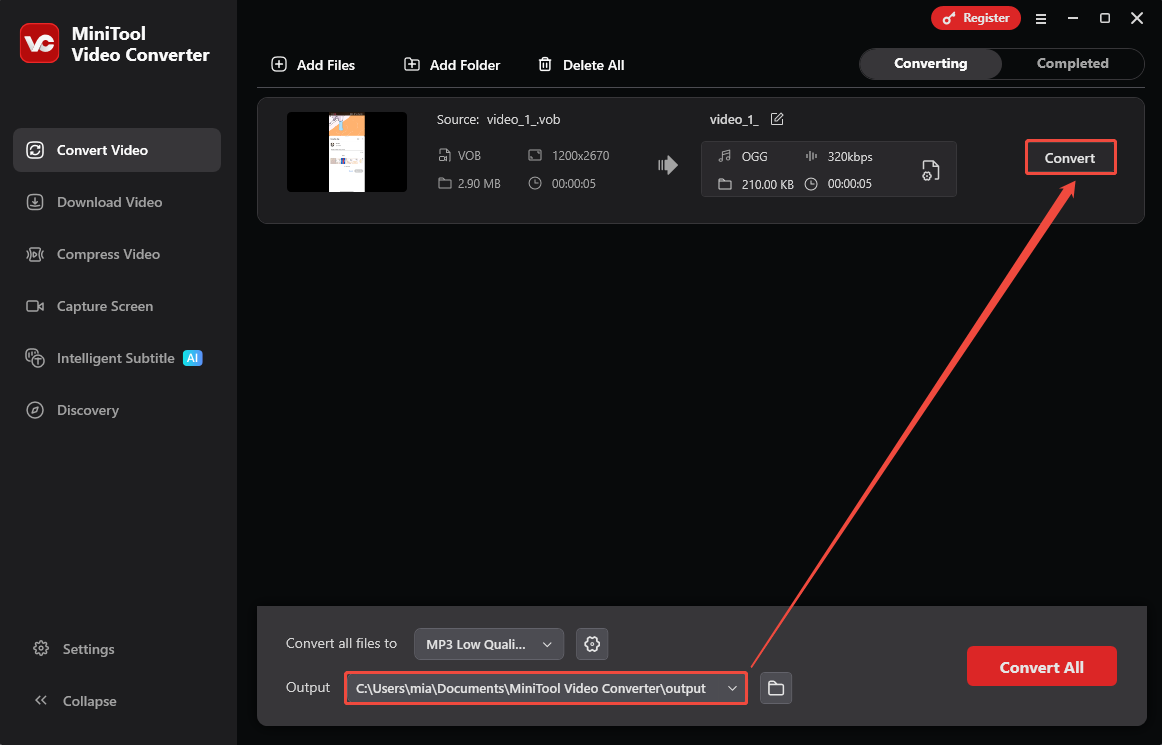 MiniTool Video Converter interface with the Output option and Convert option highlighted.
