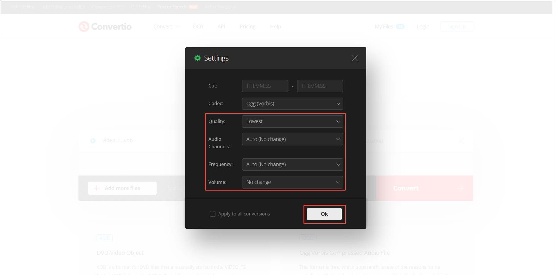 Convertio’s Settings window.