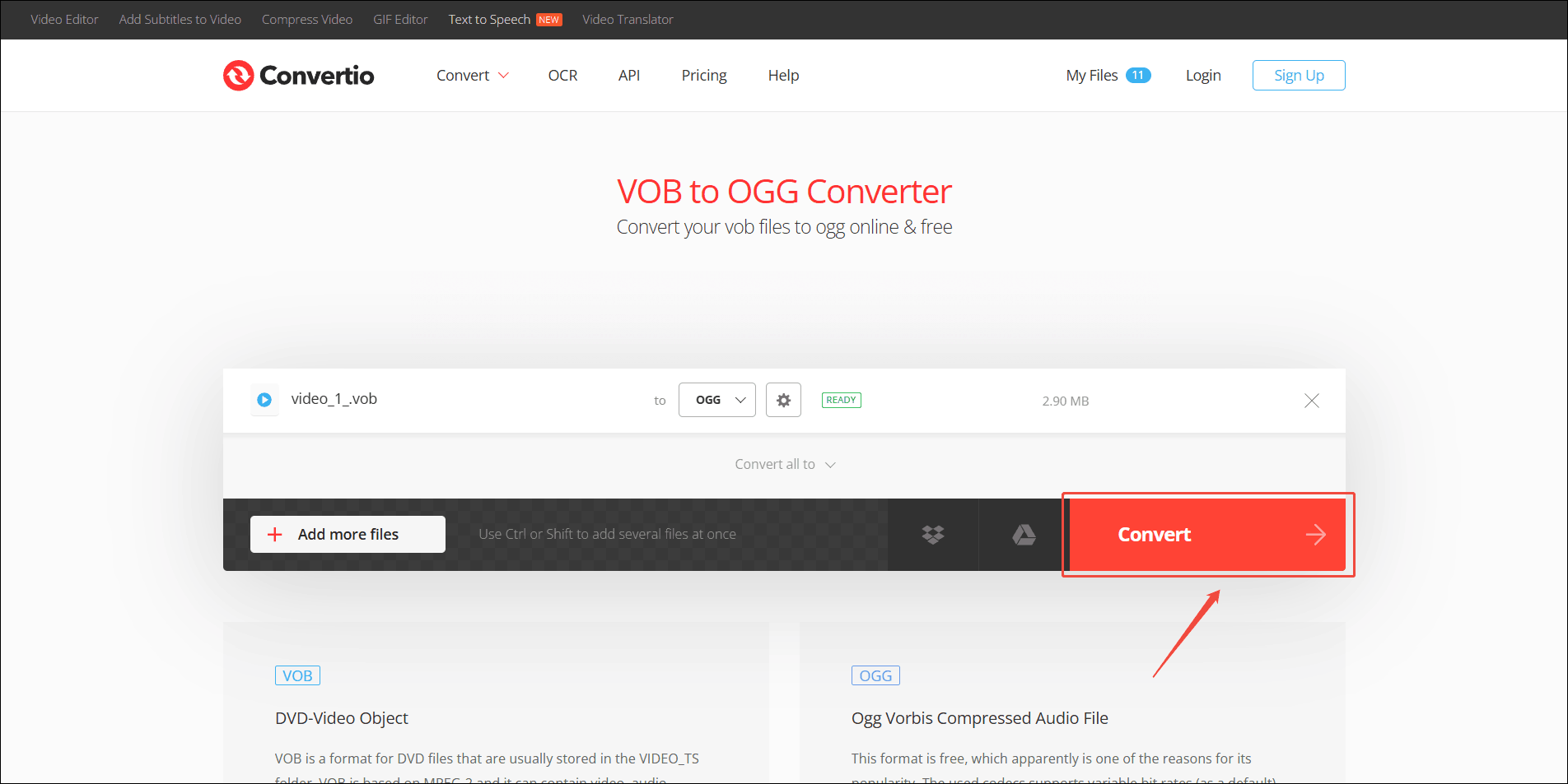 Convertio interface with the Convert button selected.