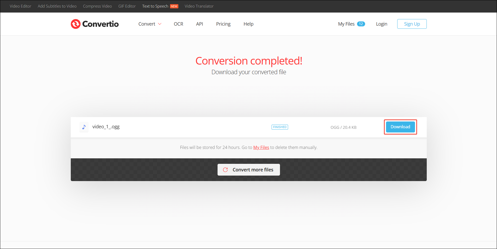 Convertio interface with the Download button selected.