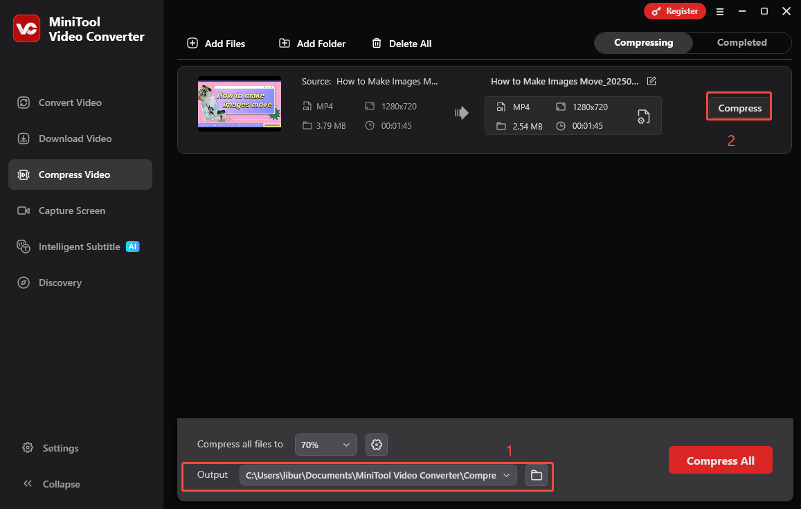 Expand Output to choose a save path for the compressed video and click on Compress to start compressing the video in MiniTool Video Converter