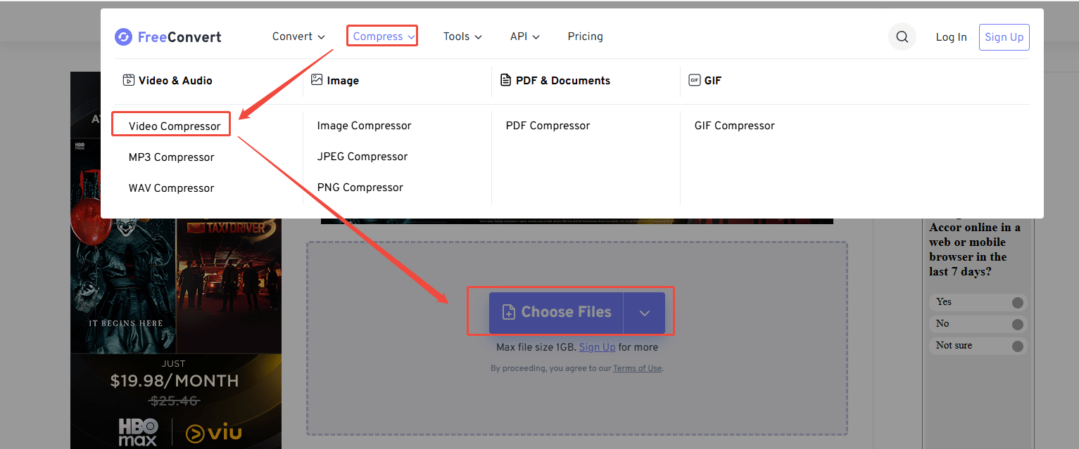 Click on Compress > Video Compressor > Choose Files to add video to be compressed in FreeConvert