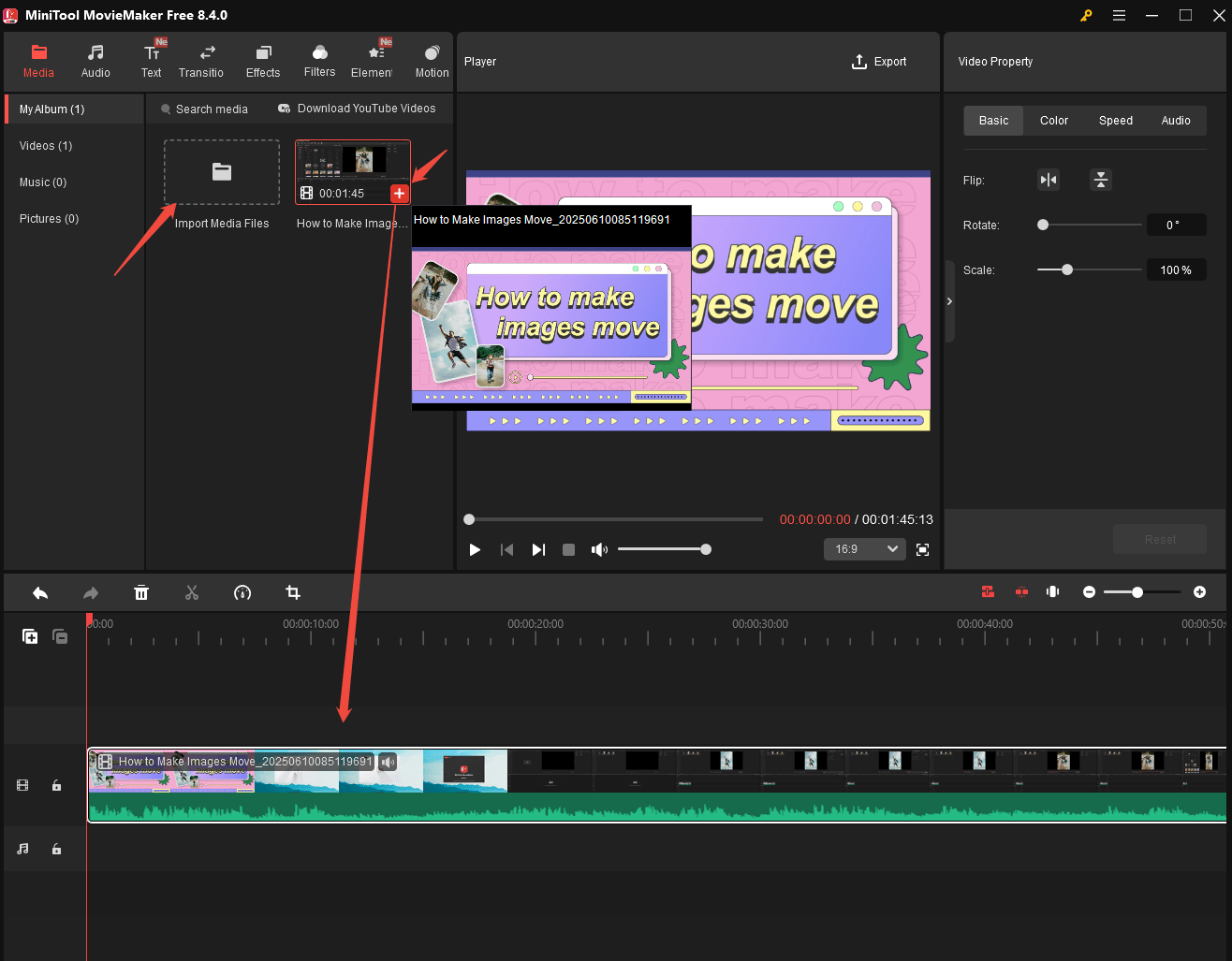 Click on Import Media Files to import the video to MiniTool MovieMaker and add it to the timeline by dragging and dropping or clicking on the plus icon