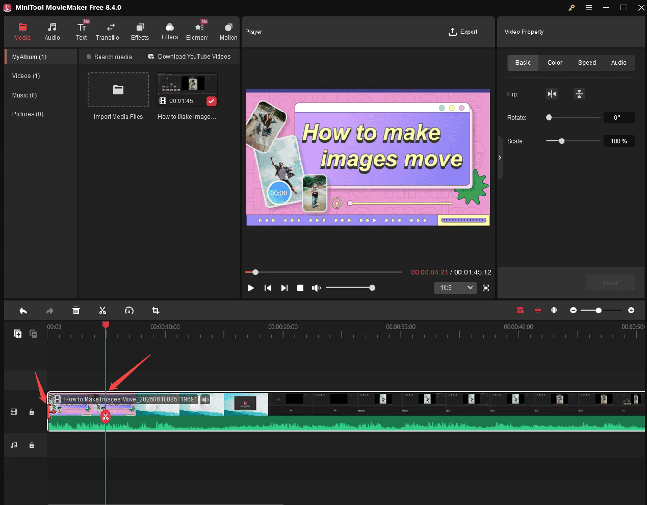 Click on the scissors icon to split the video or drag the arrow leftward or rightward to trim the video in MiniTool MovieMaker