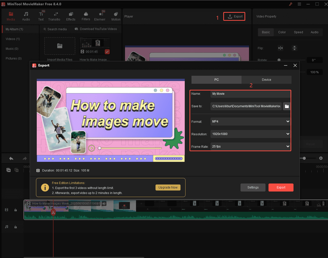 Go to the Export window to customize some parameters in MiniTool MovieMaker