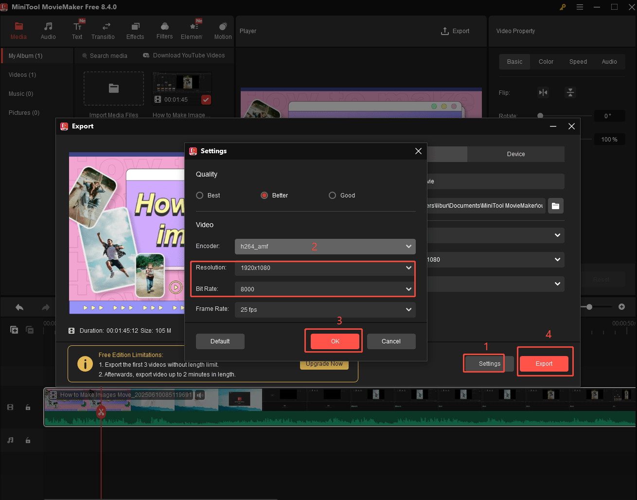 Go to the Settings window to choose video resolution and bitrate, click on Export to export the compressed video in MiniTool MovieMaker