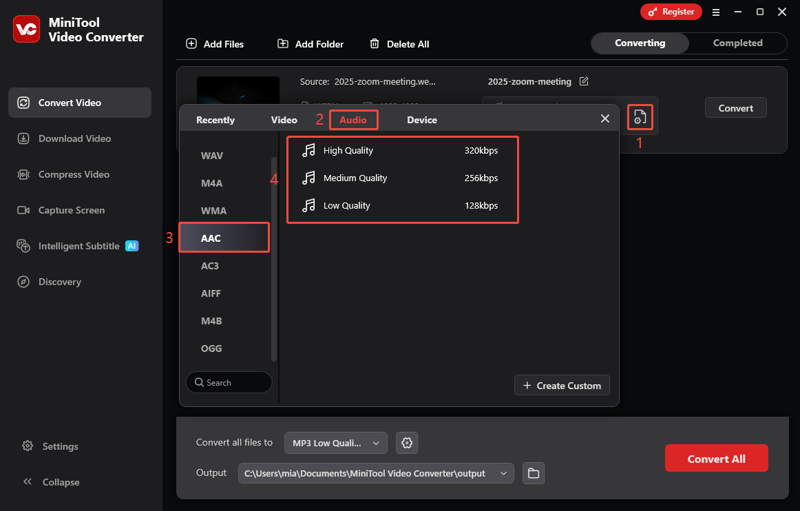 MiniTool Video Converter Convert Video interface showing how to choose AAC as the output format.