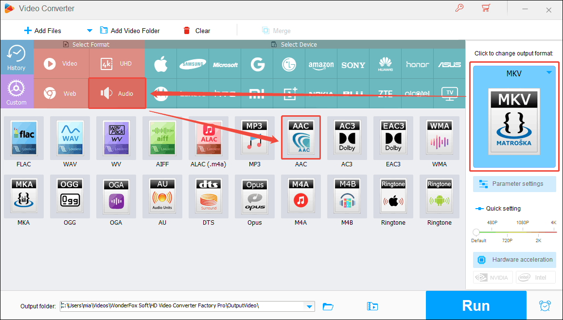 HD Video Converter Factory Pro interface showing how to choose AAC as the output format.