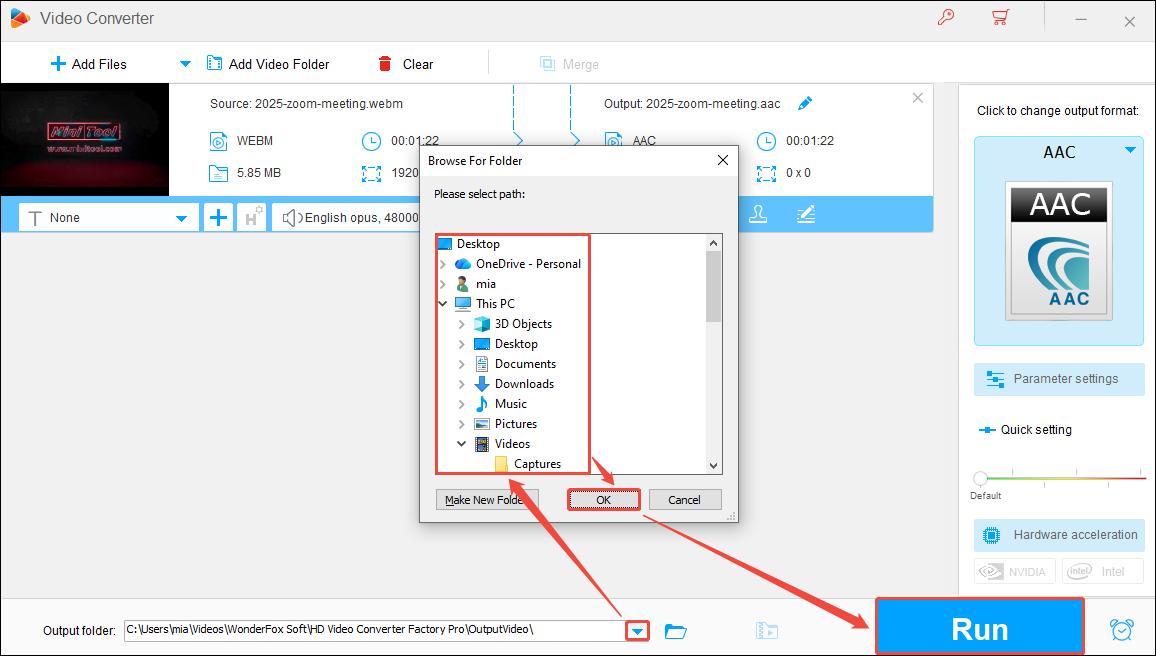 HD Video Converter Factory Pro interface showing how to set the output folder and start conversion.