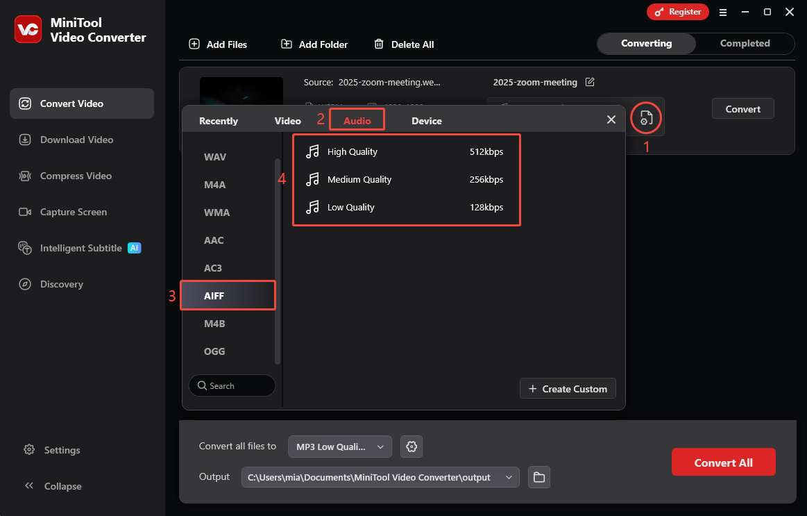 MiniTool Video Converter Convert Video interface showing how to choose AIFF as the output format.