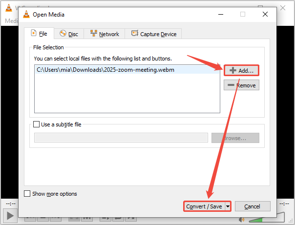 VLC Media Player Open Media window showing how to add the target file.