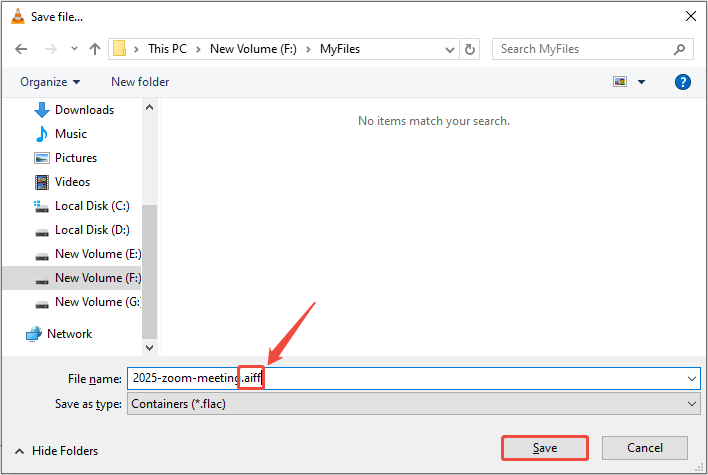 VLC Media Player Save file window showing how to change the file extension.