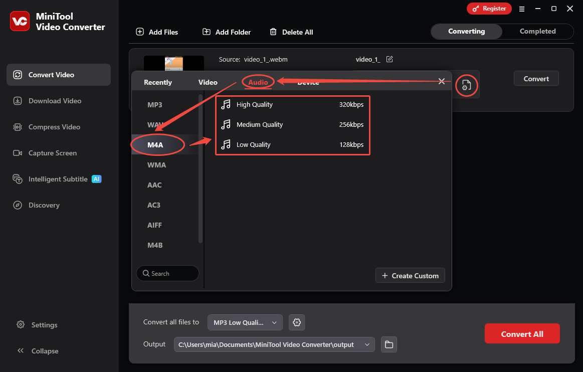 MiniTool Video Converter interface showing how to choose the output format.