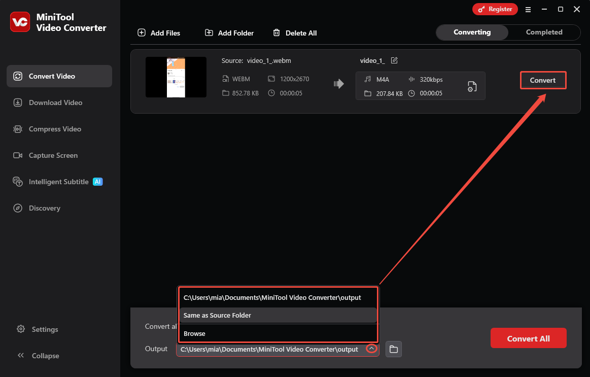 MiniTool Video Converter interface with the Output option expanded and the Convert option highlighted.