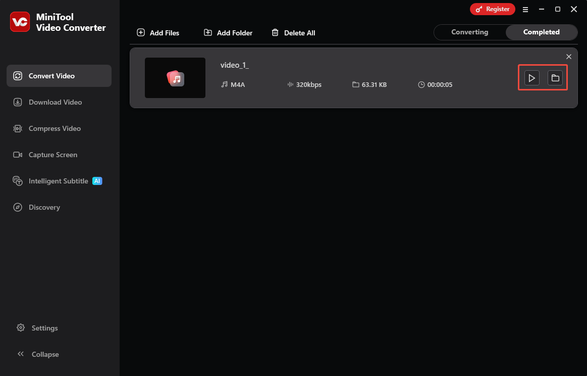 MiniTool Video Converter’s Convert Video interface with the play icon and folder icon highlighted under the Completed tab.