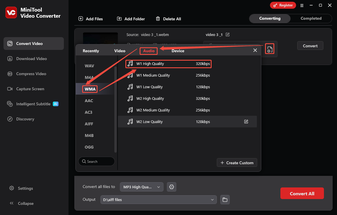 MiniTool Video Converter interface showing how to set WMA as the output format.