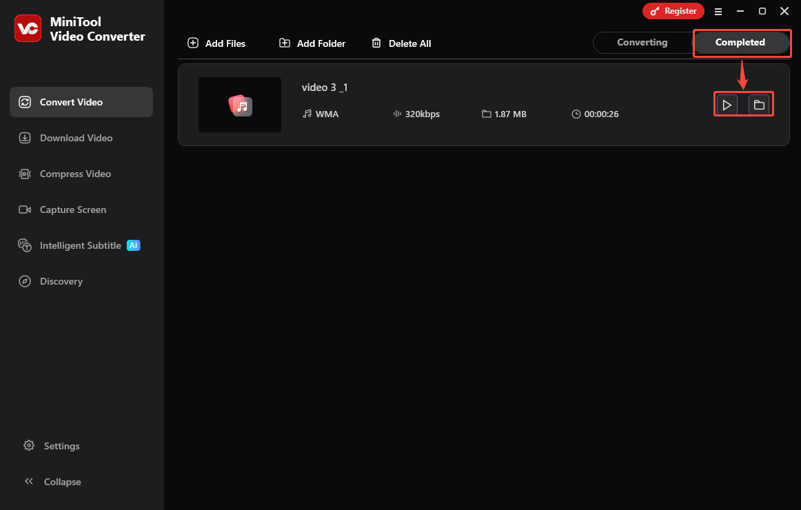 MiniTool Video Converter interface with the Play icon and the Folder icon selected.
