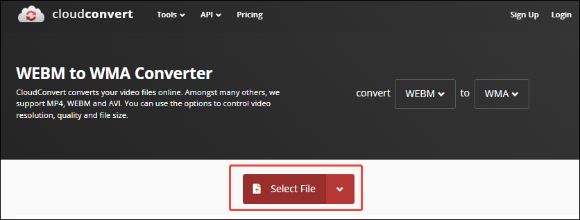 CloudConvert interface with the Select File option selected.