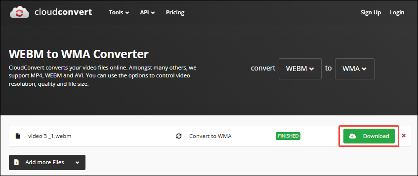 CloudConvert interface with the Download button selected.