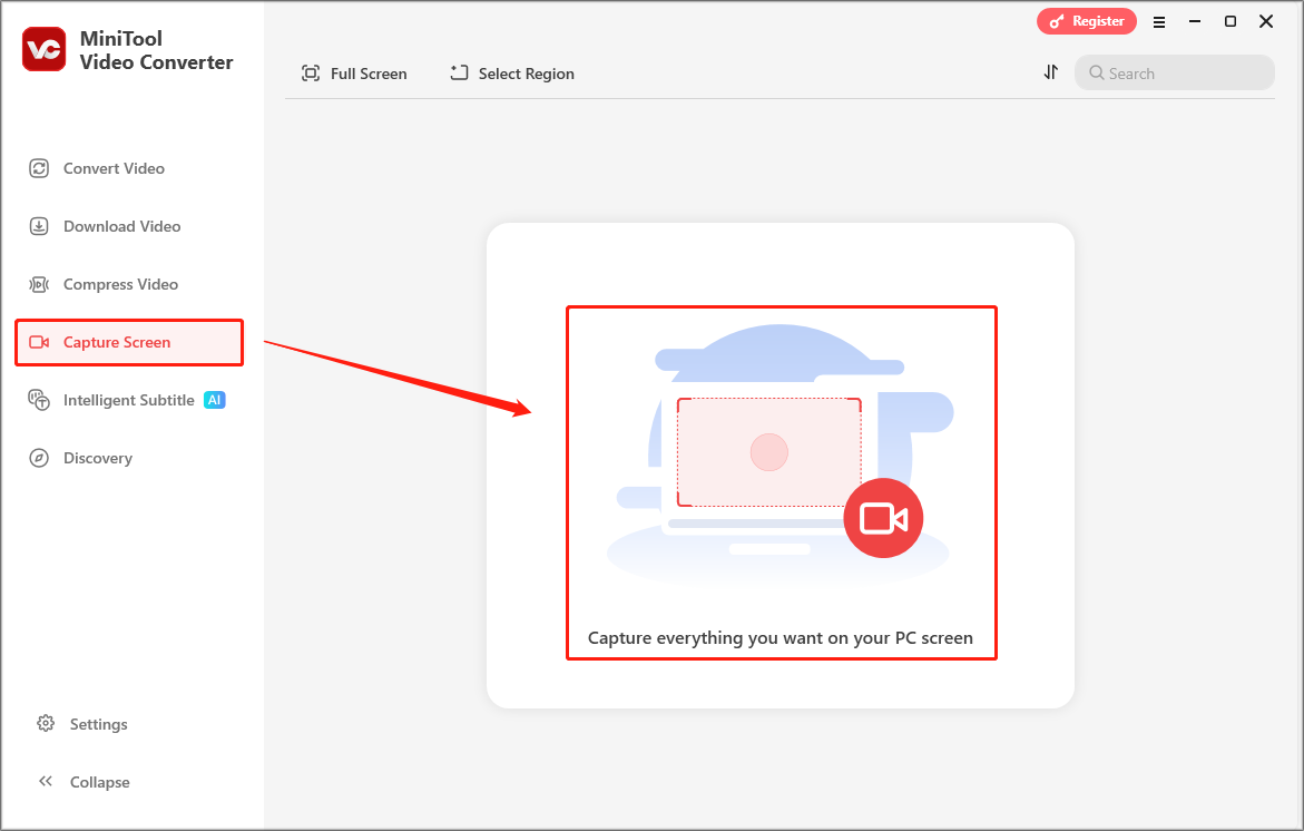 Ein Screenshot zum Öffnen des MiniTool Screen Recorders in MiniTool Video Converter.