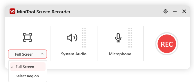 Ein Screenshot zur Anpassung des Aufnahmebereichs und der Audioquelle in MiniTool Screen Recorder.