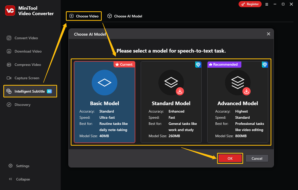MiniTool Video Converter interface showing how to choose the AI model for transcription.