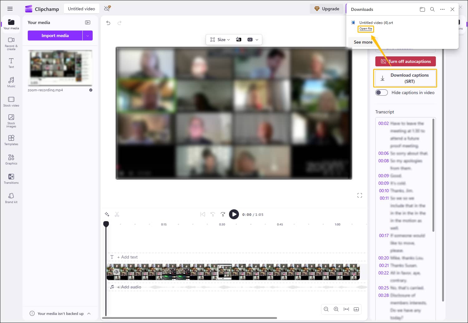 The Clipchamp interface with the Download caption (SRT) option and the Open file option highlighted.