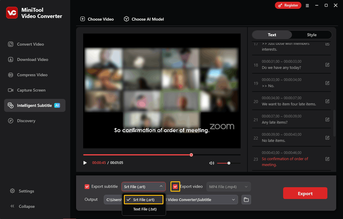 MiniTool Video Converter interface with the Srt File option and check box of the Export video option selected.