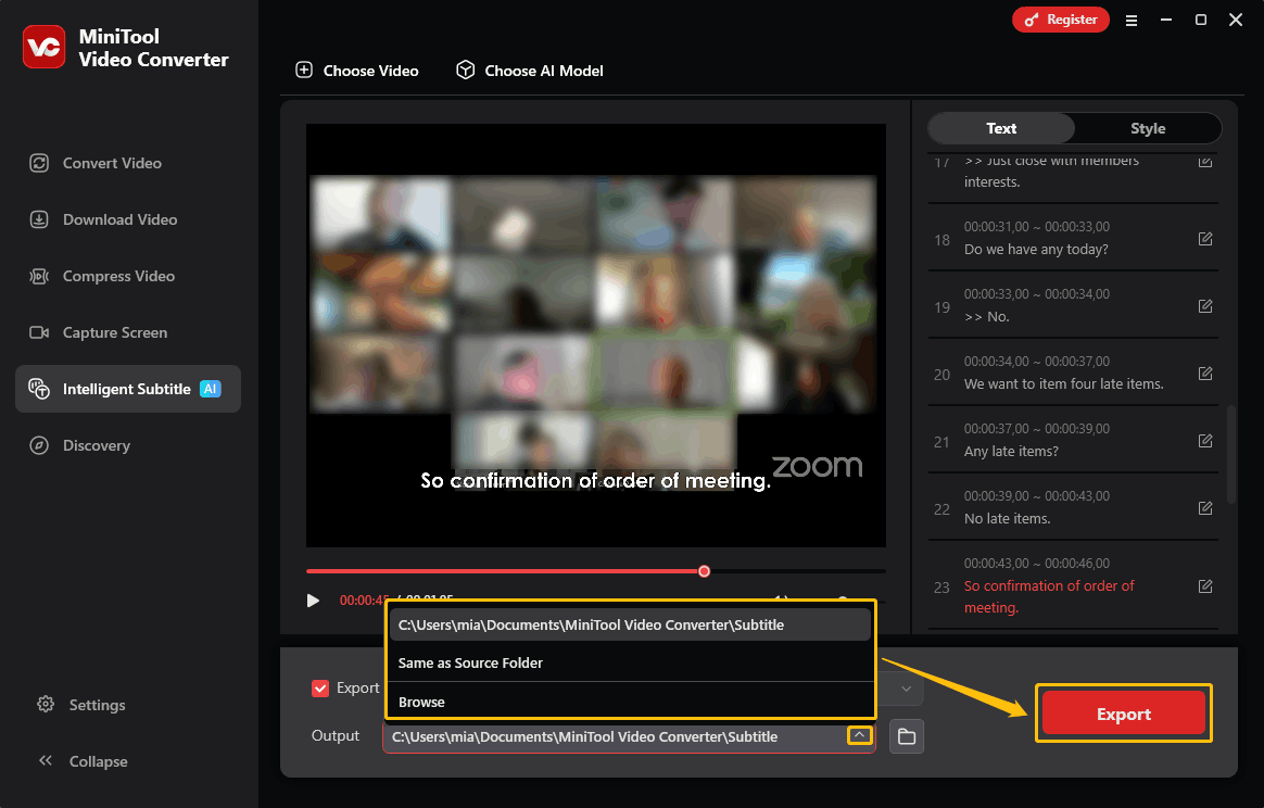 MiniTool Video Converter interface showing how to choose the output format and export the file.