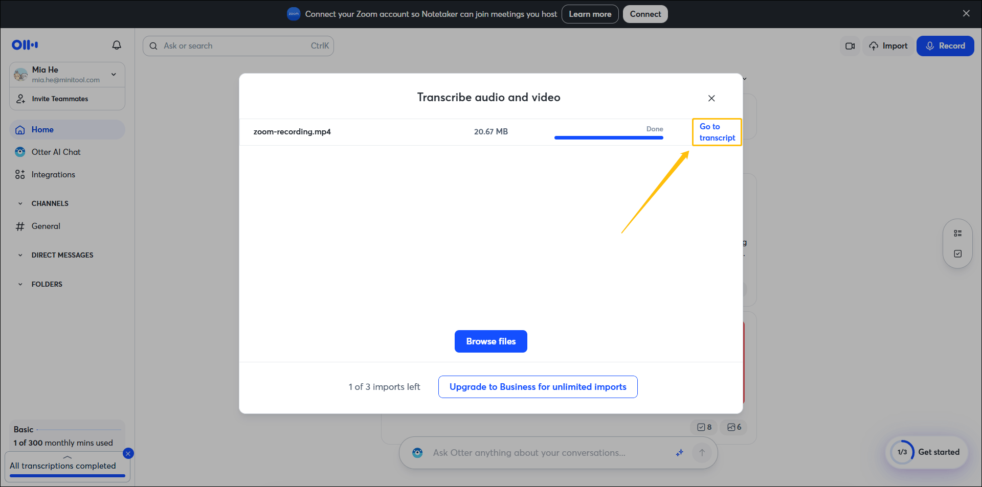 Otter Transcribe audio and video window with the Go to transcript option selected.