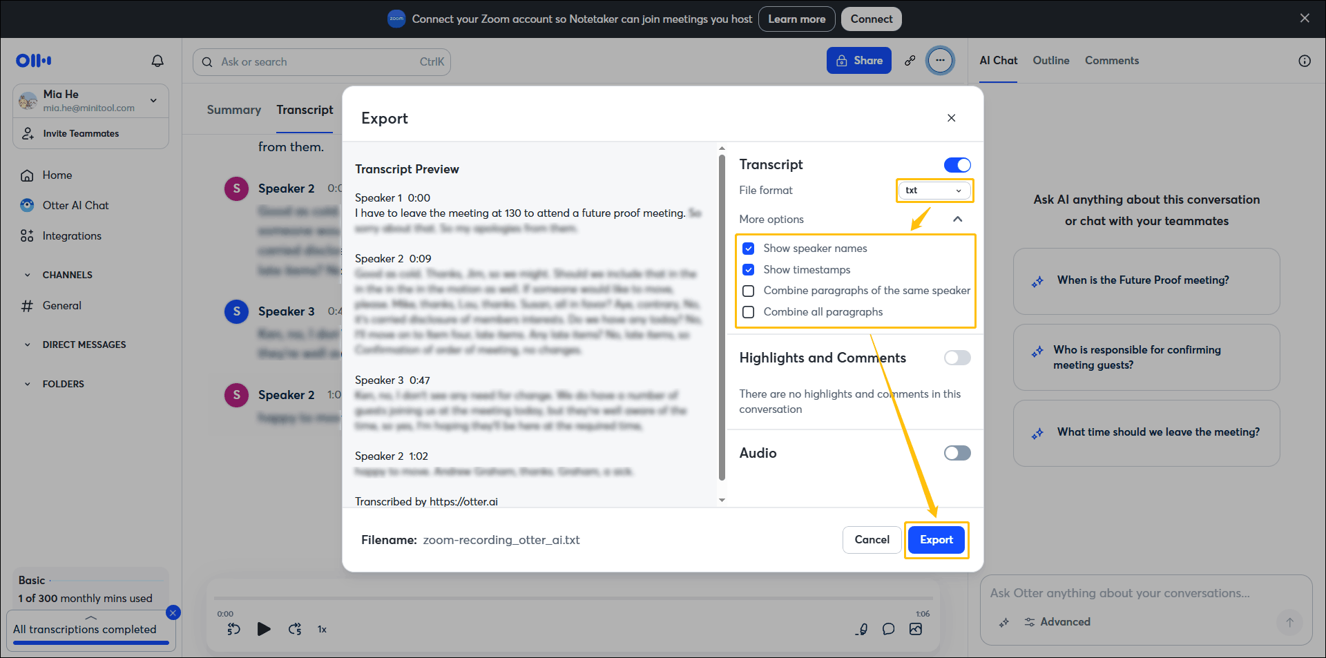 Otter Export interface showing how to choose the output format and export the file.