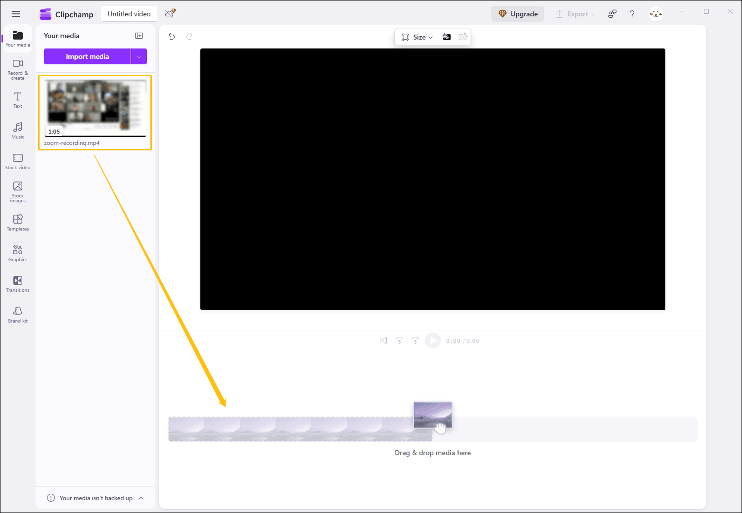 Clipchamp interface showing how to drag the video onto the timeline.