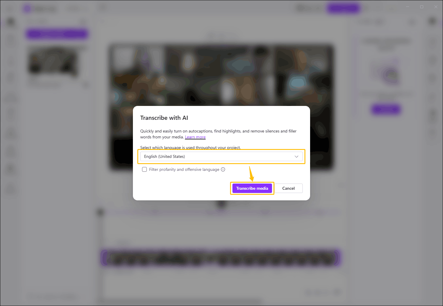 The Clipchamp interface with the language option and the Transcribe media button highlighted.