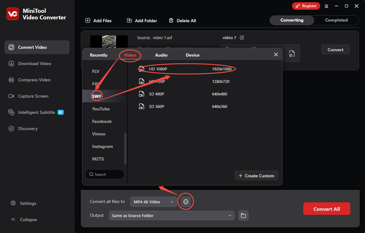 MiniTool Video Converter Convert Video tab showing how to set SWF as the output format in the output format window.