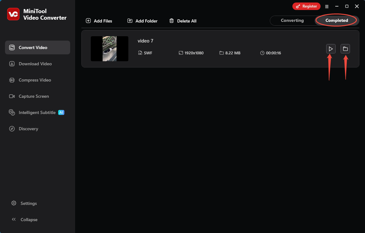 MiniTool Video Converter Convert Video tab with the Play icon or the Folder icon selected under the Completed tab.