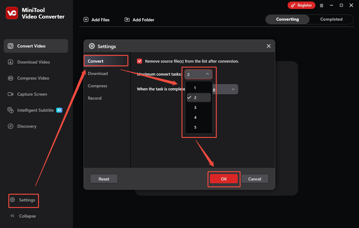 Ein Screenshot zur Anpassung der maximalen Konvertierungsaufgaben in MiniTool Video Converter.