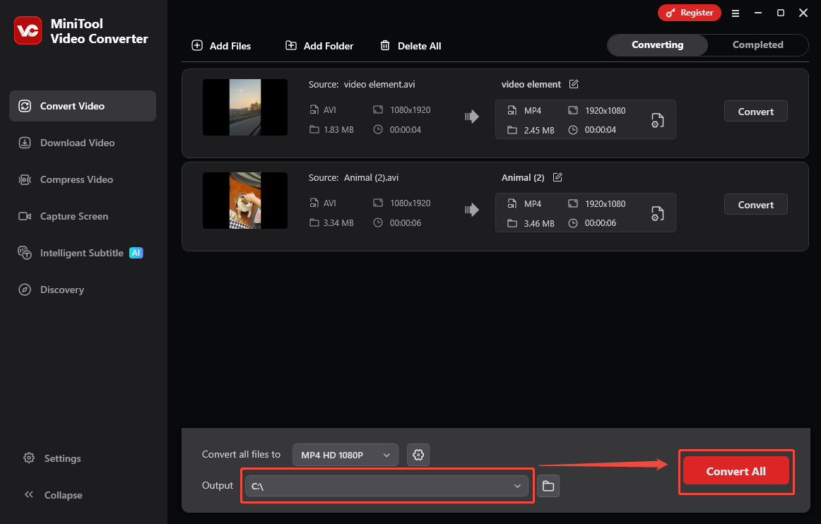 Markierung der Option Ausgabe und der Schaltfläche Alle konvertieren in MiniTool Video Converter.