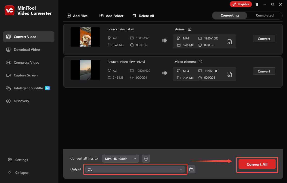 Ein Screenshot zur Auswahl einen Speicherort für die konvertierten Dateien und zum Start der Konvertierung in MiniTool Video Converter.